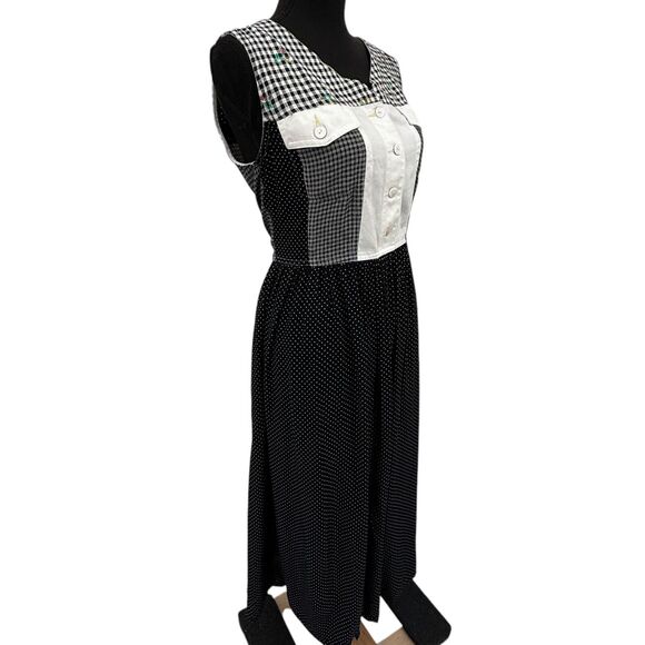 Vtg Carol Little Black White Minimalist Gingham Floral Rayon Blend‎ Maxi Dress - Picture 2 of 11